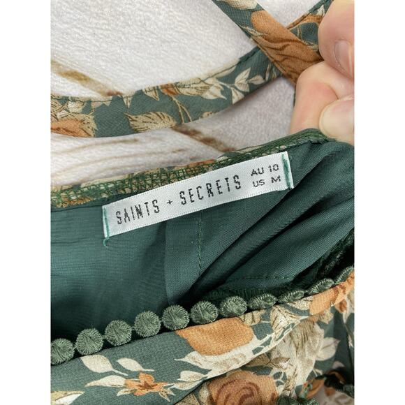 Saints + Secrets Dress M Green Floral Deep V Mini Long Slv Open Lace Up Ruffle - Picture 9 of 11
